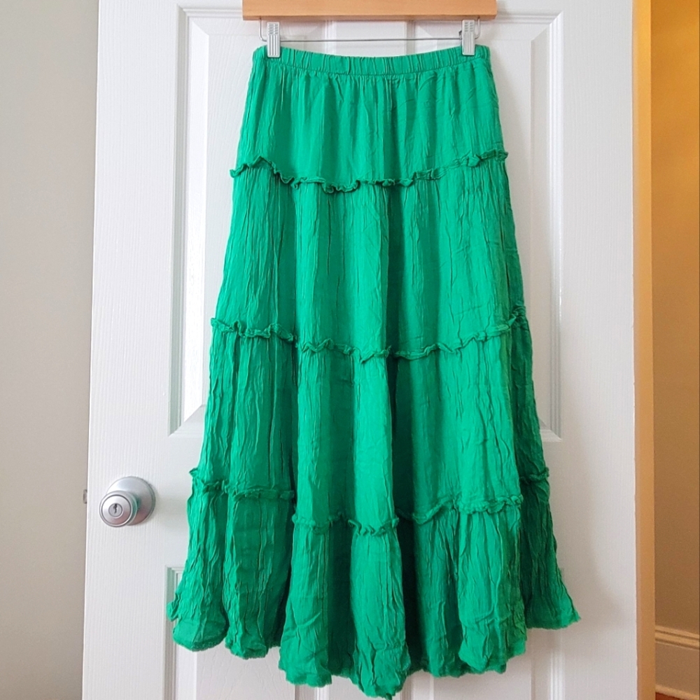 Aritzia Green Little Moon Damasque Tiered Crinkle Maxi Skirt